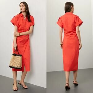 Saunders  Ruched Shirt Dress Short Sleeve Button Front Midi Red 8